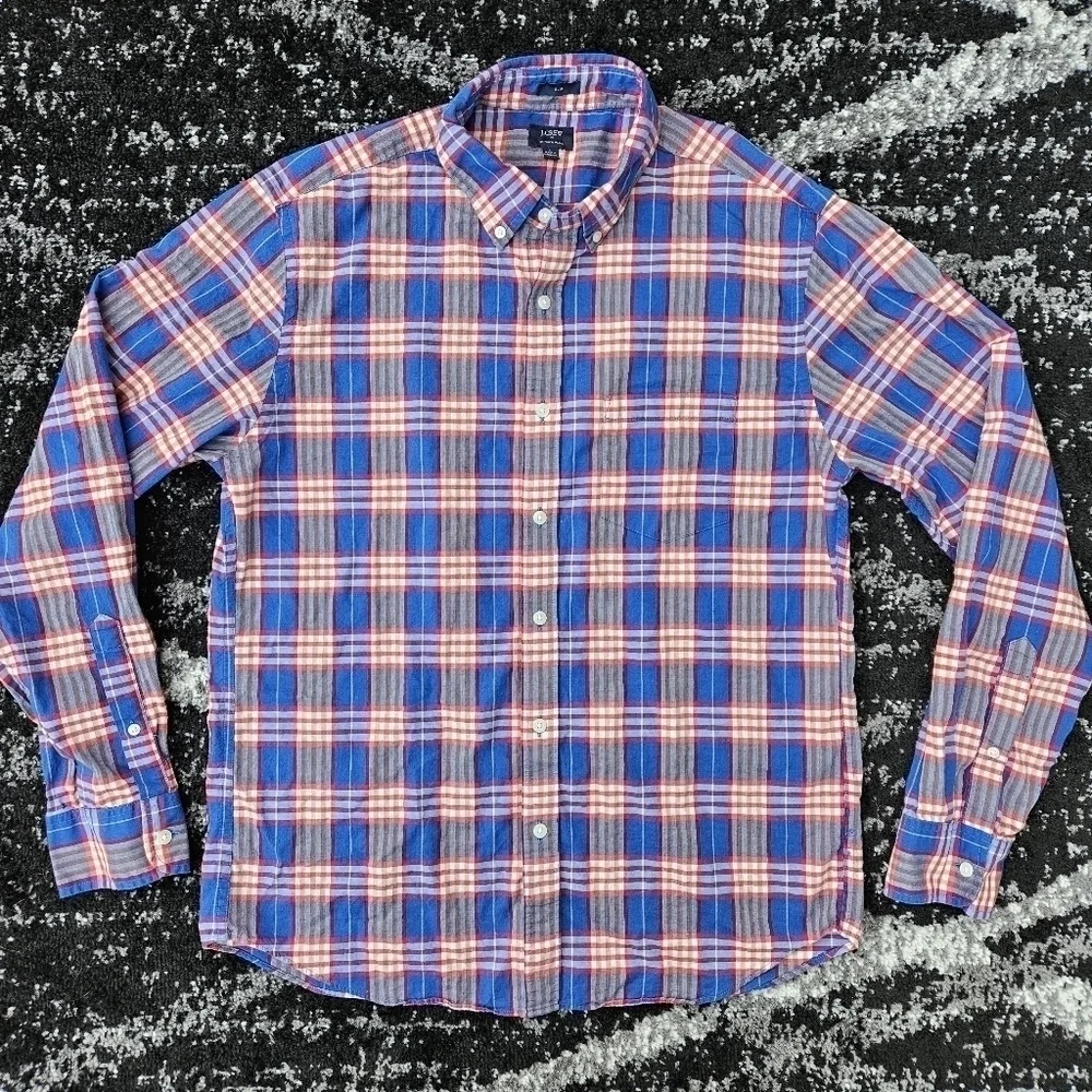 J. CREW 100% Cotton Summer Plaid Slim Fit Button Down LS Shirt Red Blue Mens LG